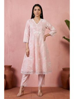W - Pink Embroidered Floral Printed Chanderi Straight Kurta with Pant