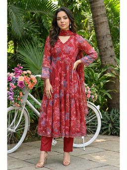 W - Red Floral Printed Chiffon Flared Kurta with Pant And Dupatta