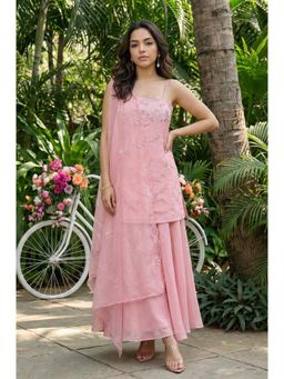 W - Pink Thread Embroidered Chanderi Straight Kurti with Sharara & Dupatta
