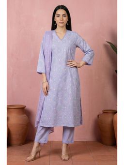 W - Lavender Thread Embroidered Cotton Straight Kurta with Pant And Dupatta