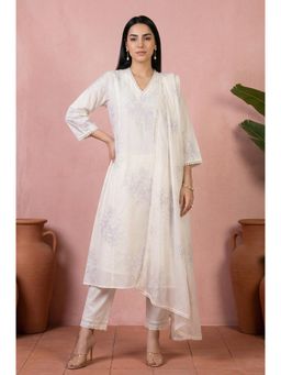 W - Off White Thread Embroidered Pure Cotton Straight Kurta with Pant And Dupatta