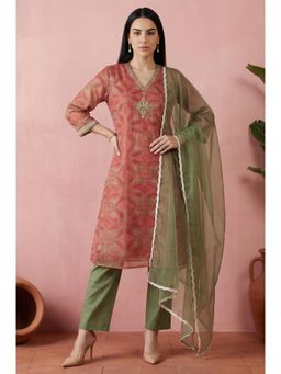 W - Red Sequins Paisley Printed Organza Straight Kurta with Pant And Dupatta