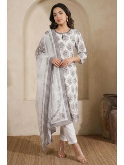 W - Off White Floral Printed Chanderi Straight Kurta with Pant And Dupatta