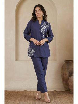 W - Navy Blue Embroidered Rayon Straight Co-Ord Set