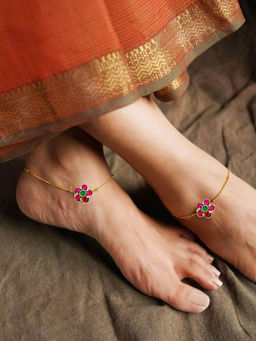 Abdesigns - Pink and Green Floral Enchanting Pachi Kundan Gold Plated Anklet