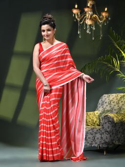 DESH BIDESH - Red Crepe Stripes Saree without Blouse