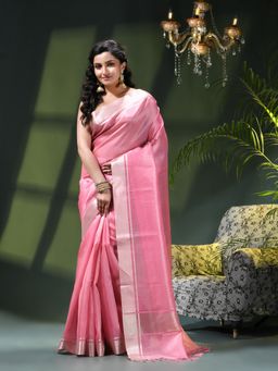 DESH BIDESH - Pink Tissue Woven Saree with Unstitched Blouse