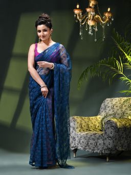 DESH BIDESH - Blue Net Solid Saree without Blouse