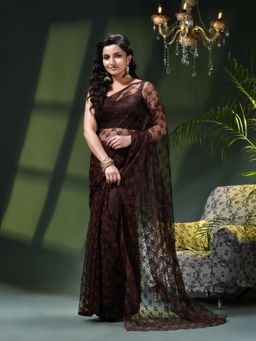 DESH BIDESH - Brown Net Solid Saree without Blouse