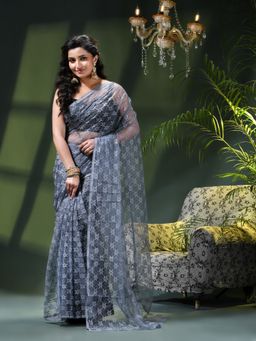 DESH BIDESH - Grey Net Solid Saree without Blouse