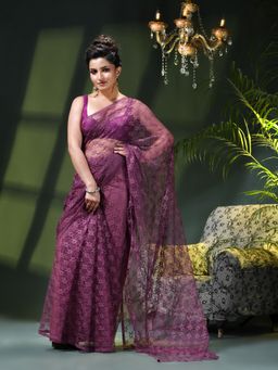 DESH BIDESH - Lavender Net Solid Saree without Blouse