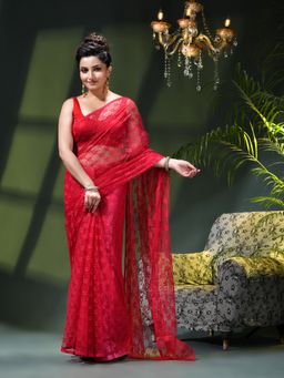 DESH BIDESH - Pink Net Solid Saree without Blouse