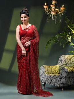 DESH BIDESH - Red Net Solid Saree without Blouse