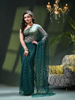 DESH BIDESH - Teal Net Solid Saree without Blouse