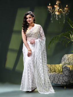 DESH BIDESH - White Net Solid Saree without Blouse
