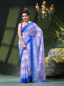 DESH BIDESH - Blue Chiffon Silk Geometric Saree without Blouse