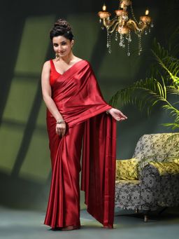 DESH BIDESH - Maroon Satin Solid Saree without Blouse