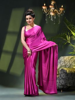 DESH BIDESH - Pink Satin Solid Saree without Blouse