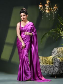 DESH BIDESH - Purple Satin Solid Saree without Blouse