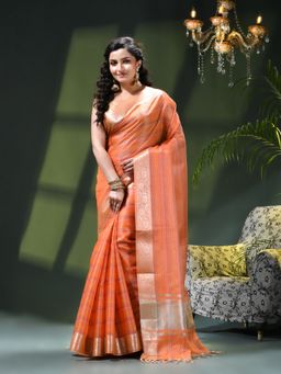 DESH BIDESH - Orange Tissue Woven Saree with Unstitched Blouse