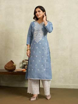 INDDUS - Embroidered Blue Kurta