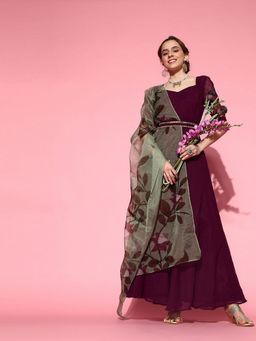 INDDUS - Solid Wine Kurta with Dupatta and Belt