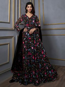 INDDUS - Floral Black Kurta and Dupatta