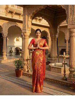 Anjaneya Sarees - Red Banarasi Silk Zari Woven Saree with Unstitched Blouse