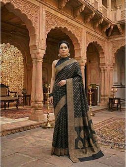 Anjaneya Sarees - Black Banarasi Silk Woven Zari Saree with Unstitched Blouse