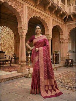 Anjaneya Sarees - Wine Banarasi Silk Woven Saree with Unstitched Blouse