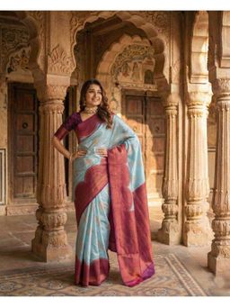 Anjaneya Sarees - Teal Banarasi Silk Woven Zari Saree with Unstitched Blouse