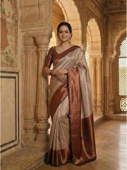 Anjaneya Sarees - Beige Banarasi Silk Woven Saree with Unstitched Blouse