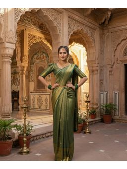 Anjaneya Sarees - Green Banarasi Silk Woven Saree with Unstitched Blouse