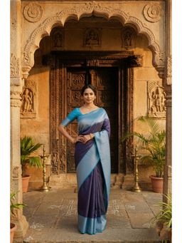 Anjaneya Sarees - Navy Blue Banarasi Silk Woven Saree with Unstitched Blouse