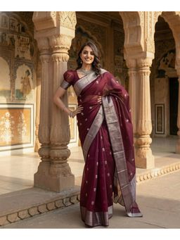 Anjaneya Sarees - Maroon Cotton Silk Woven Saree with Unstitched Blouse