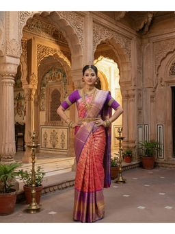 Anjaneya Sarees - Peach Banarasi Silk Zari Woven Saree with Unstitched Blouse
