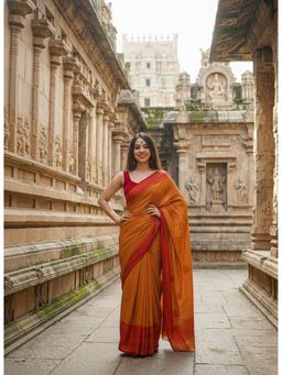 Anjaneya Sarees - Orange Cotton Silk Woven Saree with Unstitched Blouse