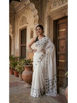 Anjaneya Sarees - White Cotton Silk Woven Tassel Saree with Unstitched Blouse