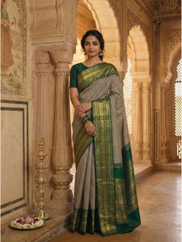 Anjaneya Sarees - Beige Banarasi Silk Checks Saree with Unstitched Blouse