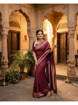 Anjaneya Sarees - Maroon Banarasi Silk Woven Saree with Unstitched Blouse