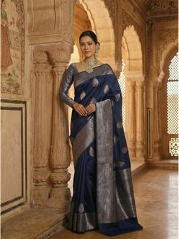 Anjaneya Sarees - Navy Blue Banarasi Silk Woven Saree with Unstitched Blouse