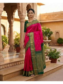 Anjaneya Sarees - Pink Banarasi Silk Woven Saree with Unstitched Blouse