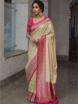 Anjaneya Sarees - Beige Banarasi Silk Woven Saree with Unstitched Blouse