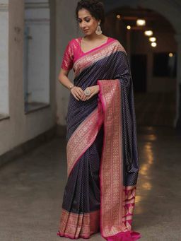 Anjaneya Sarees - Blue Banarasi Silk Woven Saree with Unstitched Blouse