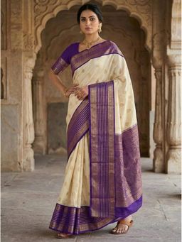 Anjaneya Sarees - Off White Banarasi Silk Woven Zari Saree with Unstitched Blouse