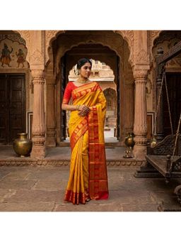 Anjaneya Sarees - Yellow Banarasi Silk Woven Saree with Unstitched Blouse