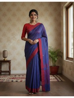 Anjaneya Sarees - Blue Cotton Silk Geometric Saree with Unstitched Blouse