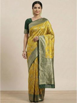 Anjaneya Sarees - Yellow Banarasi Silk Woven Saree with Unstitched Blouse