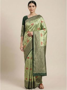 Anjaneya Sarees - Green Banarasi Silk Woven Saree with Unstitched Blouse