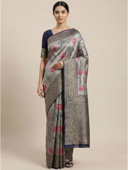 Anjaneya Sarees - Grey Banarasi Silk Woven Saree with Unstitched Blouse